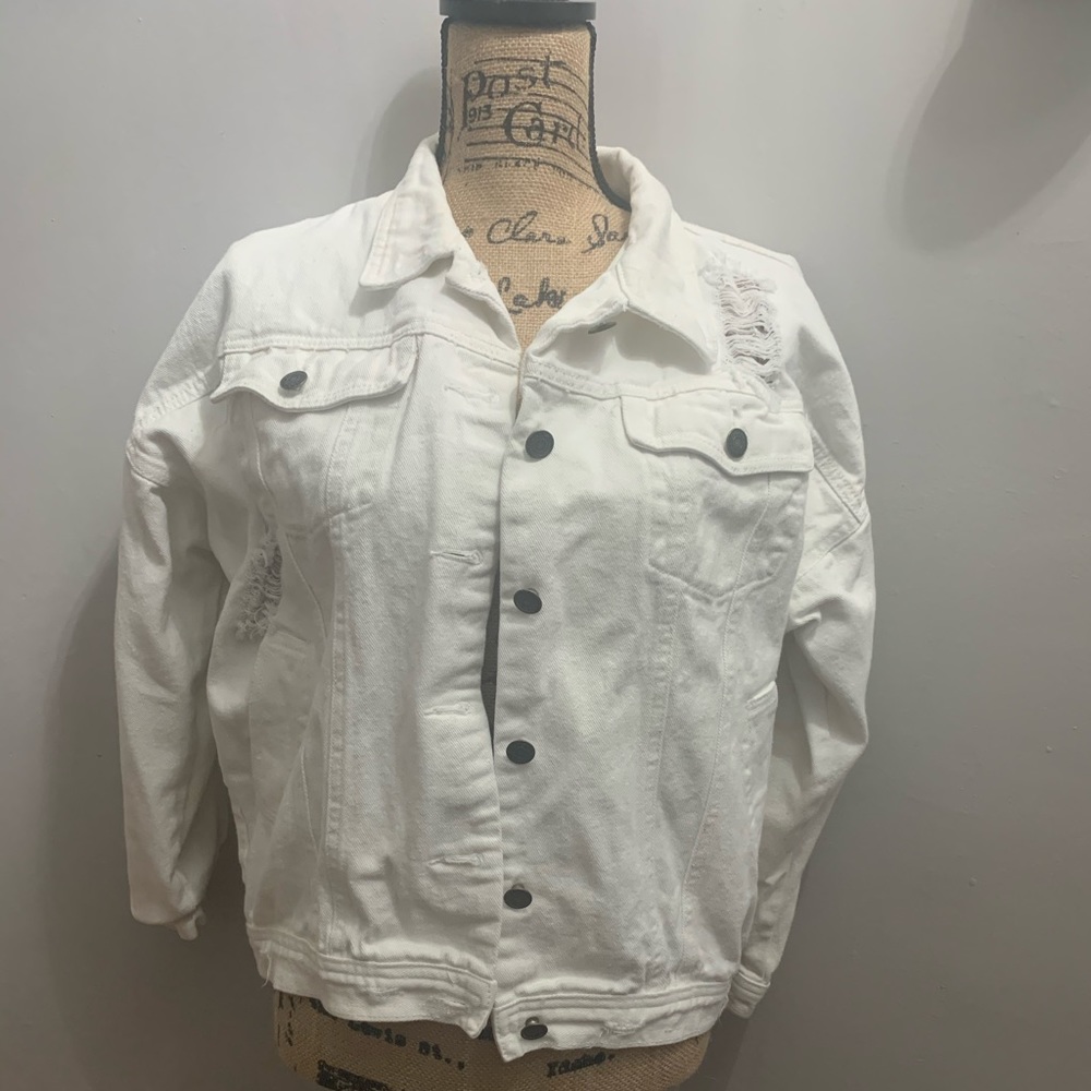 Sadie & sage Oversized white ripped denim Jacket.